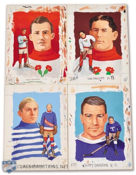 Fred Whitcroft, Tom Phillips, Tom Dunderdale & Scotty Davidson Early Hockey Legends <br>Collection of 4 Original 1983 Hall of Fame Original Artworks by Carleton McDiarmid