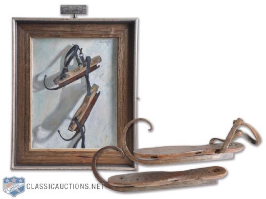 Emile "Butch" Bouchard 1974 Antique Skates Framed Painting by D.A. Fales (20" x 24") Plus Pair of Antique Skates