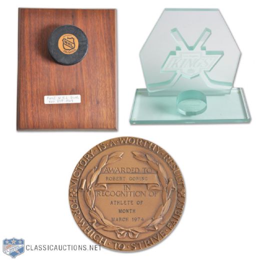 Robert "Butch" Gorings Los Angeles Kings Hall of Fame Trophy, 1st Goal Puck and 1973-74 Medal
