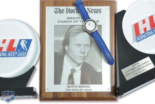 Robert "Butch" Gorings 1995-96 IHL Utah Grizzlies Trophy Collection of 3 and DEL Watch