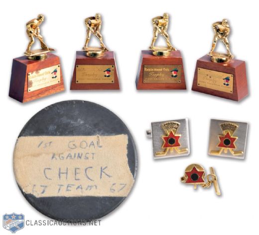 Robert "Butch" Gorings "Robin Hood" MVP Pre-NHL Trophy Collection of 4 Plus 1967 Goal Puck and Team Canada Cufflinks
