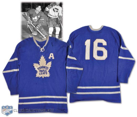 Bert Omsteads 1959-60 Toronto Maple Leafs Game-Worn Alternate Captains Wool Jersey - Team Repairs! - Photo-Matched!