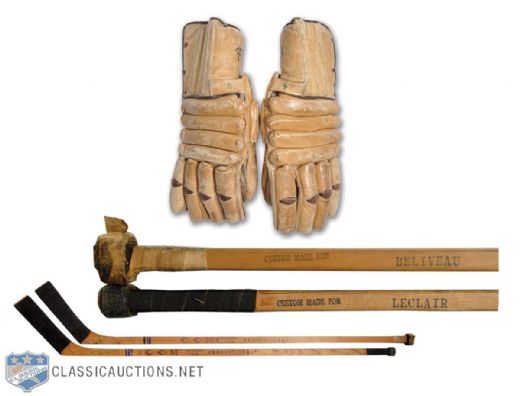 Jean Beliveaus 1950s Montreal Canadiens Signed Game-Used Stick and Reach Gloves