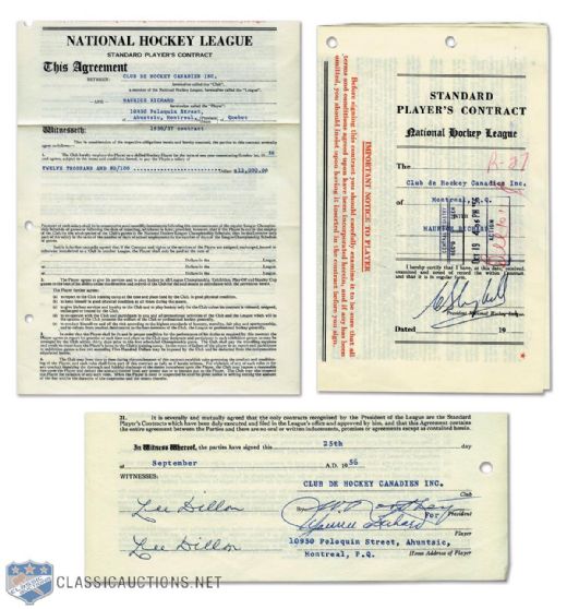 Maurice Richards 1956-57 Montreal Canadiens NHL Contract Signed by Richard, Northey and Campbell