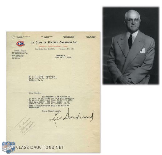 1929 HOF Leo Dandurand Signed Letter on Montreal Canadiens Letterhead