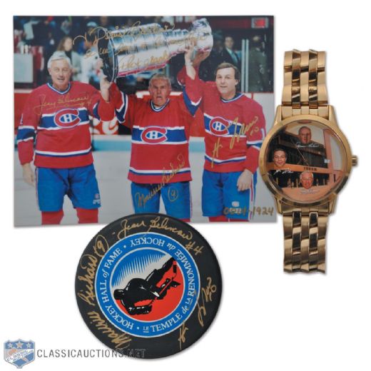 "Montreal Classic" Richard, Beliveau and Lafleur Watch Plus Triple-Signed Photo and Puck