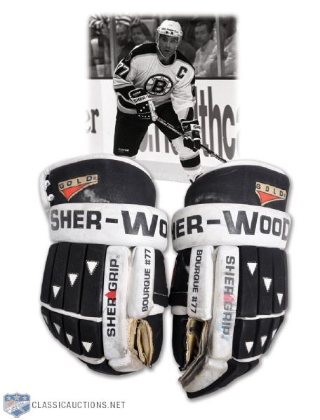Ray Bourques Mid-1990s Boston Bruins Game-Used Sher-Wood Gloves COA