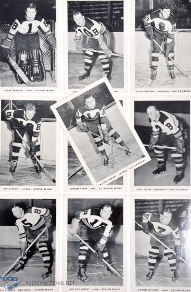 Eddie Shores 1938 Boston Bruins Picture Collection of 10 with 4 Signed Including Cowley, Brimsek and Dumart!