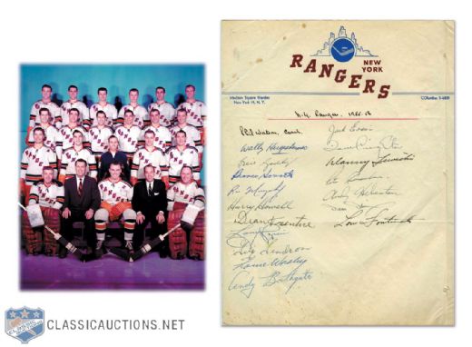 New York Rangers 1955-56 Team-Signed Sheet by 18 with 4 HOFers