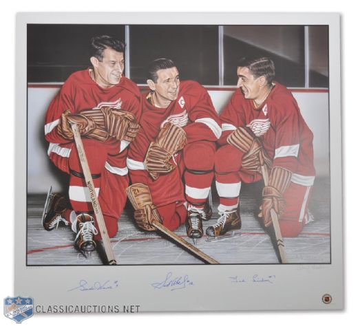 Detroit Red Wings Production Line Limited-Edition Lithograph Autographed by Howe, Abel and Lindsay (27" x 29")