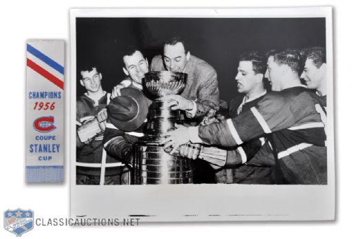 Montreal Canadiens 1956 Stanley Cup Ribbon and Celebration Photo