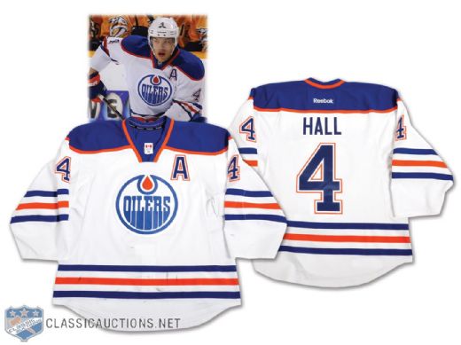 Taylor Halls 2012-13 Edmonton Oilers Game-Worn Alternate Captains Retro Jersey with Team LOA <br>- Photo-Matched!