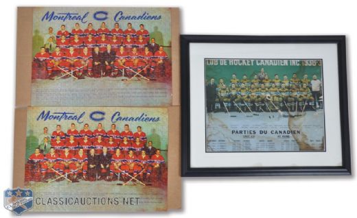 Vintage Montreal Canadiens Team Photo Collection of 3, Featuring Framed 1938-39 Canadiens Colorized Team Photo (20" x 23") & Two 1953-54 Canadiens Jigsaw Puzzles (Both 14" x 19")