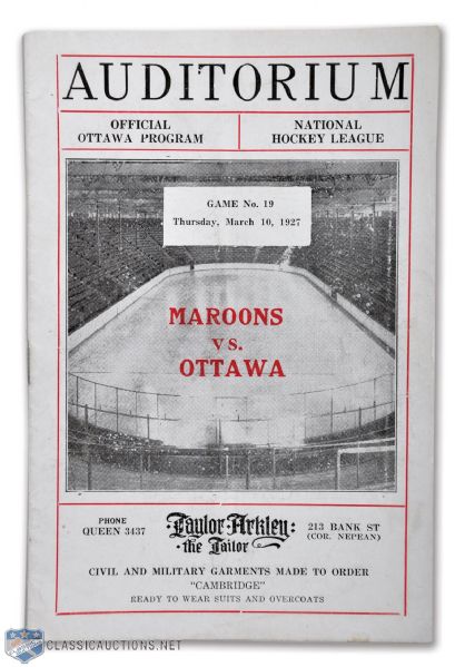 1926-27 Ottawa Auditorium Program - Ottawa Senators vs Montreal Maroons
