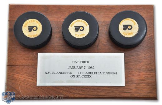 Bryan Trottiers 1982 NHL Hat Trick Goal Pucks (3) Plaque