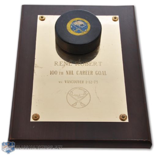 Rene Roberts 1975 Buffalo Sabres 100th NHL Goal Puck Plaque