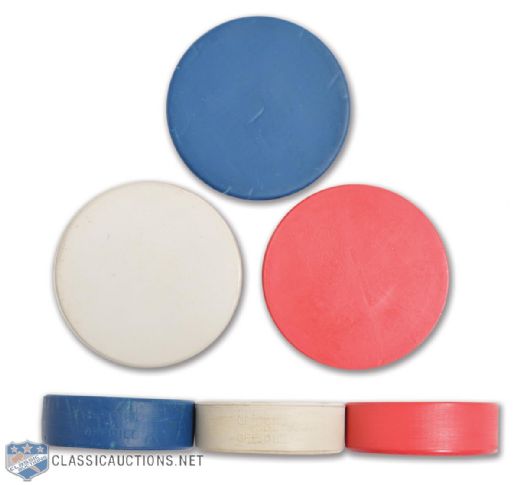 Scarce 1972-73 WHA Red, White and Blue Prototype Pucks (3)