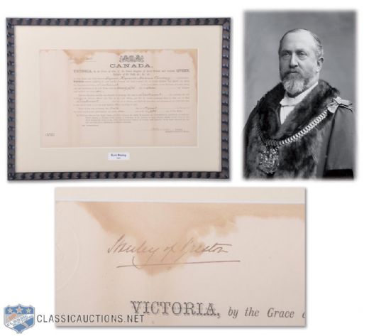 1891 Lord Stanley "Stanley of Preston" Autographed Dominion of Canada Document