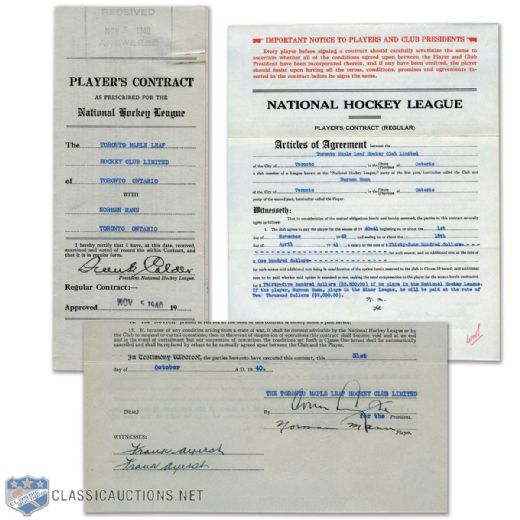 Norman Manns 1940-41 Toronto Maple Leafs Contract Signed by Deceased HOFers Frank Calder and Conn Smythe