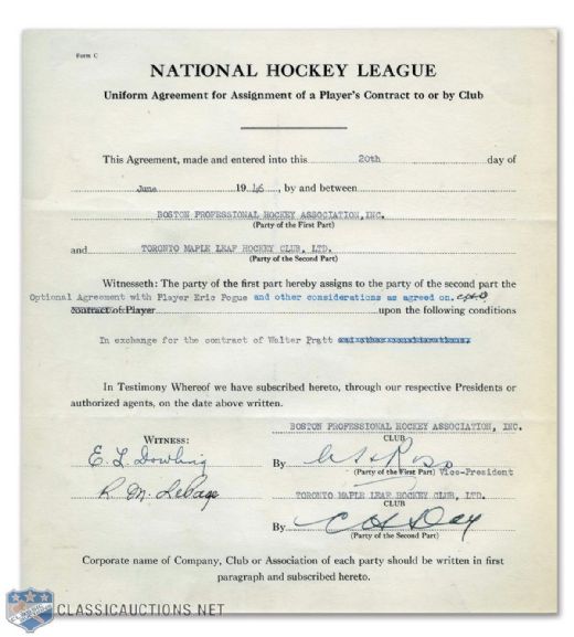 Walter "Babe" Pratts 1946 Trade Agreement Signed by Deceased HOFers Hap Day and Art Ross