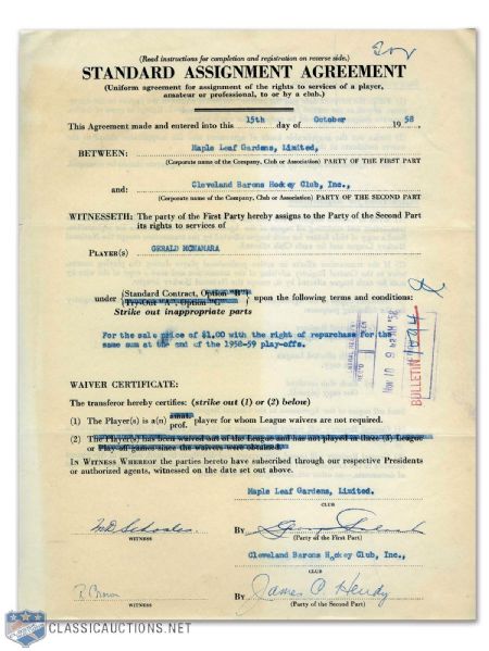 Gerald McNamaras 1958 NHL Assignment Agreement Signed by Deceased HOFers Punch Imlach and James Hendy