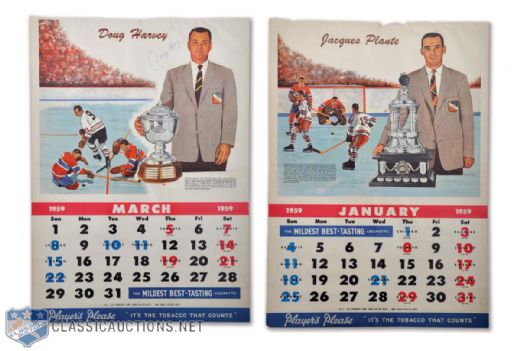 Deceased HOFers Jacques Plante and Doug Harvey Vintage-Signed 1958-59 Montreal Forum Calendar Pages