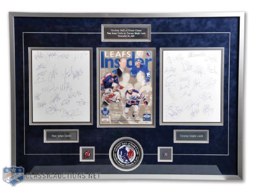 Dale Hawerchuks 2001 HHOF Induction Maple Leafs and Devils Team-Signed Framed Display (23" x 32")