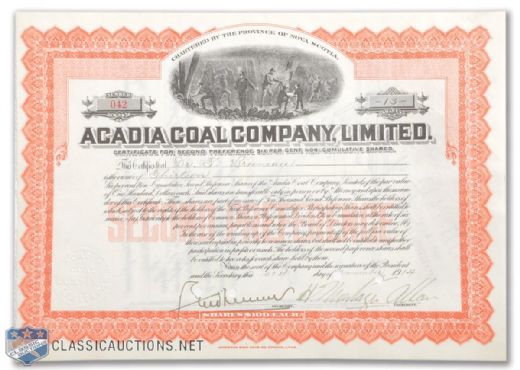 Deceased HOFer Sir Montagu Allan Signed 1914 Stock Certificate