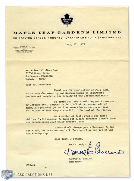 Deceased HOFer Harold Ballard Signed 1978 Maple Leaf Gardens Letterhead with Interesting Content
