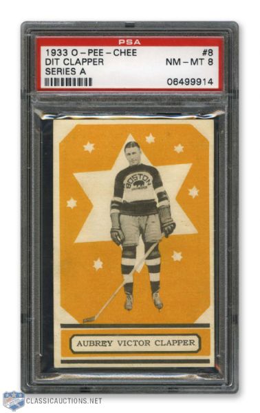 1933-34 O-Pee-Chee V304 #8 HOFer Aubrey "Dit" Clapper RC - Graded PSA 8 - Highest Graded!