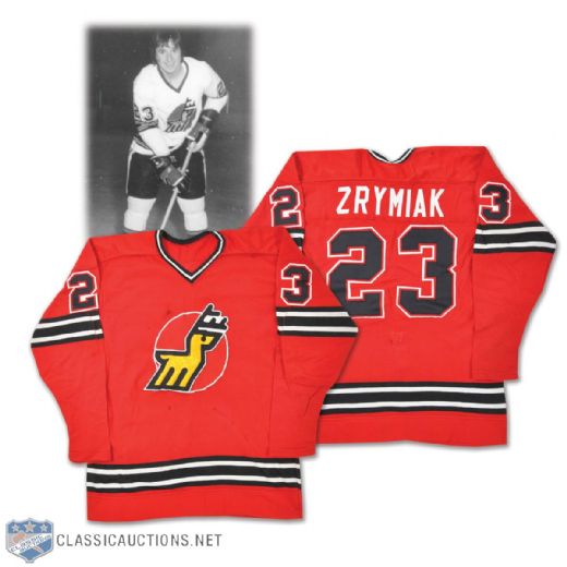 Jerry Zrymiaks 1974-75 WHA Michigan Stags Game-Worn Jersey - Scarce WHA Gamer!