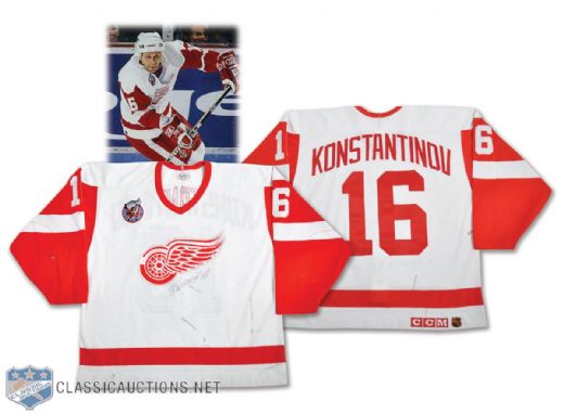 Vladimir Konstantinovs 1992-93 Detroit Red Wings Signed Game-Worn Playoffs Jersey with Centennial Patch