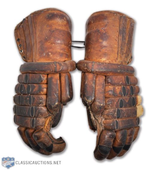 Punch Imlachs Late-1940s QSHL Quebec Aces Game-Worn Hockey Gloves