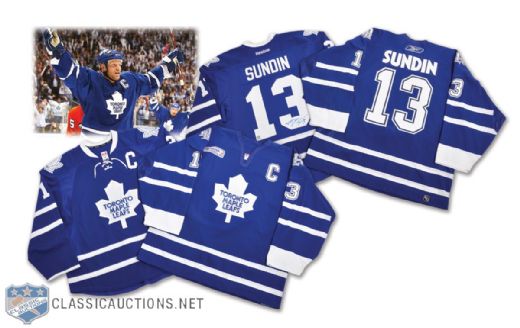 Mats Sundins 2005-06 Toronto Maple Leafs Game-Issued Jersey with Katrina Patch and Dion Phaneufs 2012 Sundin Night Signed Warm-Up Jersey