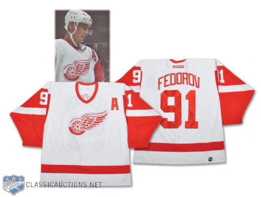 Sergei Fedorovs 2002-03 Detroit Red Wings Game-Worn Alternate Captains Playoffs Jersey <br> - Team Repairs!