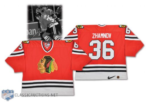 Alexei Zhamnovs 1996-98 Chicago Black Hawks Game-Worn Jersey with Team LOA- Team Repairs!