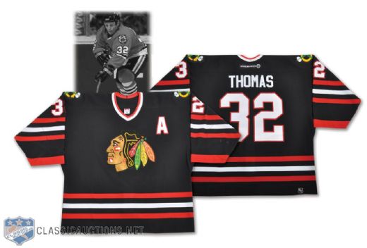 Steve Thomas 2001-02 Chicago Black Hawks Game-Worn Alternate Captains Third Jersey with Team LOA <br> - Team Repairs!