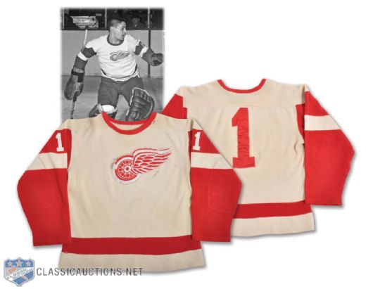 Terry Sawchuks 1957-58 Detroit Red Wings Game-Worn Wool Jersey - Team Repairs! - Photo-Matched!