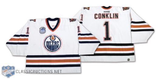Ty Conklins 2003-2004 Edmonton Oilers Game-Worn Jersey with 25th Patch and LOA