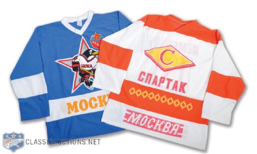 Russian Hockey Memorabilia Collection of 7 with Hasek Signed Moscow Spartak Game-Issued Jersey