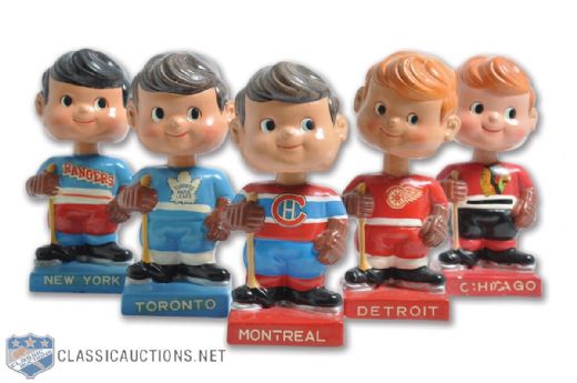 1962-63 "Original Six" Regular Size Nodder / Bobble Head Dolls Collection of 5