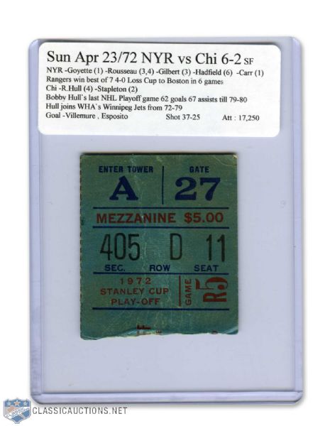 Madison Square Garden 1965-72 Ticket Stubs (5) with Giacomin 1st Game - Lafleur 1st Playoff Goal and More!