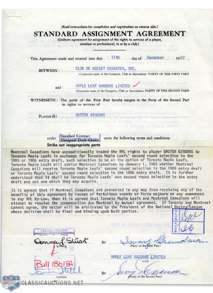 Gaston Gingras 1982-84 Maple Leaf Gardens NHL Contract File Inc. Assignment To The Canadiens