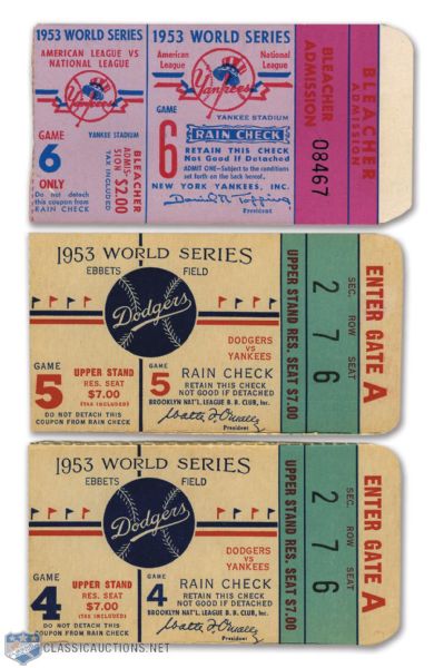 Yankees - Dodgers 1953 World Series Game #4, #5 and Championship Clinching Game #6 Ticket Stubs