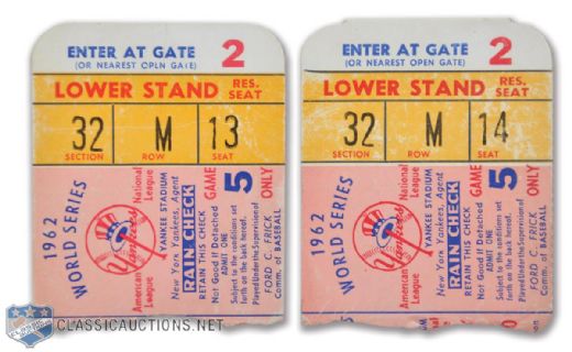 1962 Yankee Stadium World Series Game 5 Ticket Stubs (2) - Yankees vs Giants