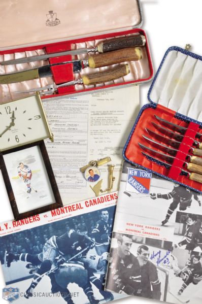 Harry Howells Memorabilia Collection of 10 with 1965 and 1967 NHL All-Star Game Gifts and 1963 Rangers Clock