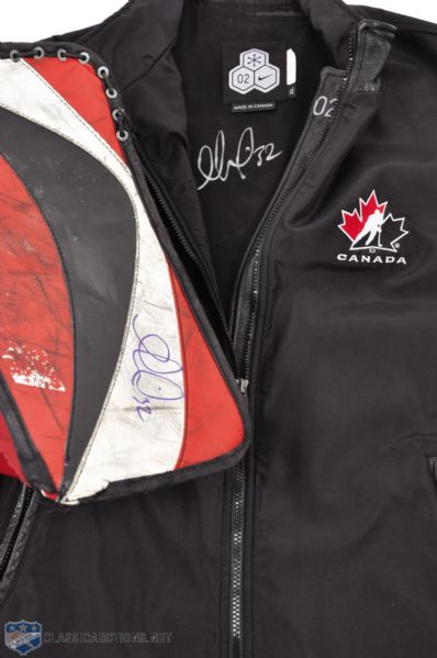 Charline Labontes 2002 Winter Olympics Signed Team Canada Jacket and Signed Bauer Game-Used Blocker