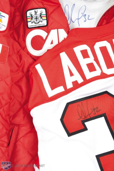 Charline Labontes 2010 Winter Olympics Signed Team Canada Coat and Signed Team Canada Team Announcement Jersey