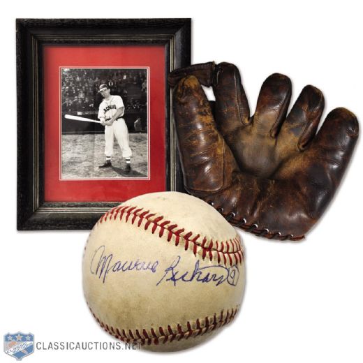 Maurice Richards Game-Used Baseball Glove, Framed Photo and Signed Baseball