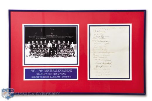 Montreal Canadiens 1943-44 Stanley Cup Champions Team-Signed Sheet Framed Display with 6 Deceased HOFers (16" x 26")
